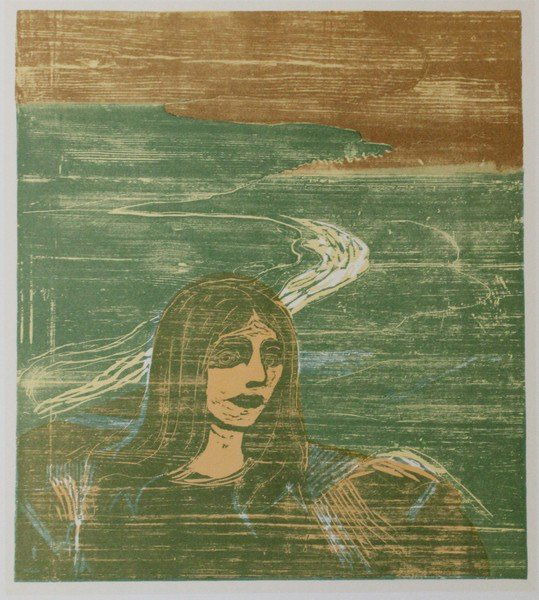 Woman's head Against The Shore -E. Munch: Artist: Edvard Munch (Norwegian 1863-1944), Title: Woman's head Against The Shore, Medium: Lithograph Print, Edition: n/a, Size: 12 x 9 In.