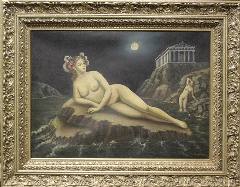 Oil Painting - Paul Delvaux: Original, Oil Painting on Canvas ATTRIBUTED TO/IN THE MANNER OF Paul Delvaux, Hand Signed by the artist, Size Approx. 24 x 38 Inches (Framed) Certificate of Authenticity Included