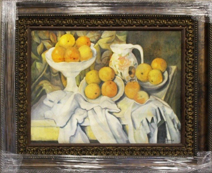 Still Life with Oranges - Paul Cezanne: Original, Oil Painting on Canvas ATTRIBUTED TO/IN THE MANNER OF Paul Cezanne, Hand Signed, Stampedon reverse of Canvas, Size Approx. 36 x 42 Inches Certificate of Authenticity Included