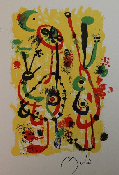 Anthologie de L'humor noir - Joan Miro: Artist: Joan Miro, Title: Anthologie de L'humor noir (Andre Breton) 1950' (Anthologie des schwarzen Humors), Medium: Lithograph Print, Signed, N/A Size: 12 x 9 In Women and Birds at the Moon, Medium: