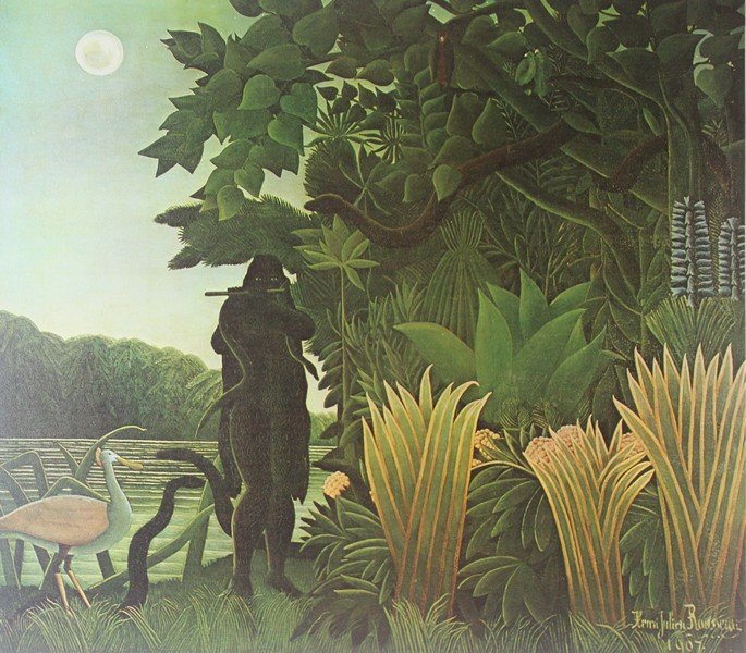 The Snake Charmer by Henri Rousseau: Artist: Henri Julien Rousseau, Title: The Snake Charmer, Medium: Lithograph, Plate signed. Year: 1907, Size: 24 x 24 Inches