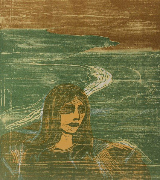 Woman's head Against The Shore -E. Munch: Artist: Edvard Munch (Norwegian 1863-1944), Title: Woman's head Against The Shore, Medium: Lithograph Print, Edition: n/a, Size: 9 x 7 In.