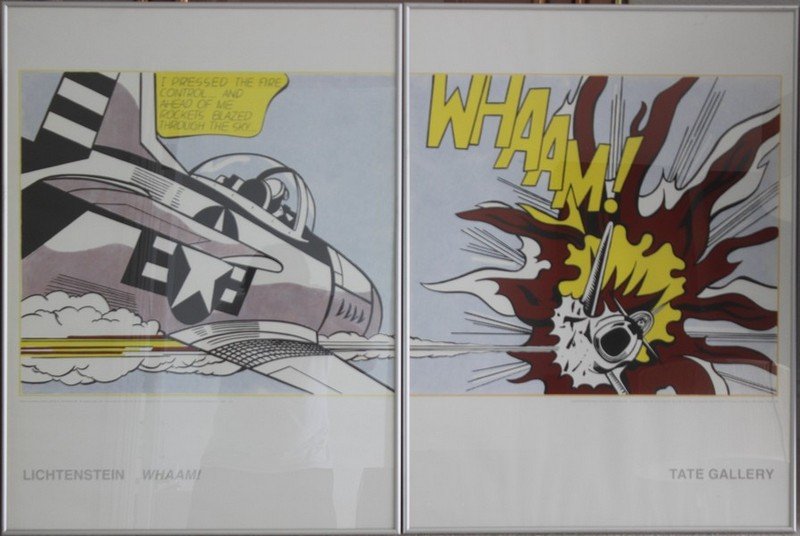 "WHAAM!" by Roy Lichtenstein: (2pc) Roy Lichtenstein Gallery Lithograph, Unsigned, Size Approx. 31' x 48' Inches ( Measurement is of 2 Separate Framed Lithographs placed adjacent to eachother.) Certificate of Authenticity Included