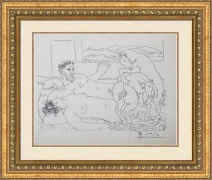 Reclining Sculptor and Model - Picasso: Artist: Pablo Picasso (Spanish 1881-1973) Title: Suite Vollard plancha LXIV - Reclining Sculptor and Model by a Window, Viewing a sculpture of two Fighting Horses, Medium: Lithograph, Signature: Signe