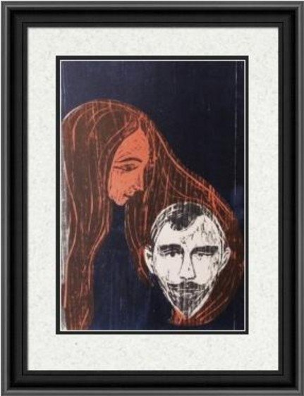 Man's Head in Woman's Hair - E. Munch: Man's Head in Woman's Hair 1896 Artist: Edvard Munch (Norwegian 1863-1944) Medium: Giclee Tribute Print (after the artist) Printed: after 1991 Dimensions: 12 x 10 Inches This Giclee Tribute