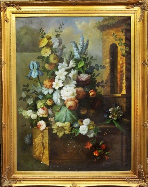 Still Life - Original by Millet 57x45: Artist: Millet Title: Still Life Medium: Original Oil Painting on Canvas Signature: Hand Signed by the artist Size: 57 x 45 Inches Certificate of Authenticity Included