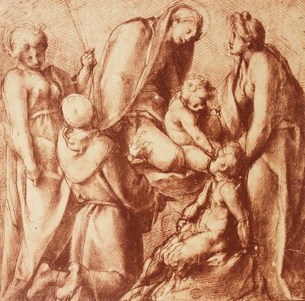 The Madona and Child by Jocopa Pontormo: Artist: Jocopa de Pontormo, Title: The Madonna and Child with Saint Elizabeth, The Infant Saint John, Saint Francis, and a Female Martyr, Medium: Print, Signature: None, Size: 7 1/2 x 7, Paper size: 1