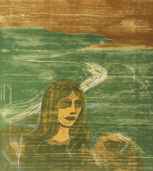 Woman's head Against The Shore -E. Munch: Artist: Edvard Munch (Norwegian 1863-1944), Title: Woman's head Against The Shore, Medium: Lithograph Print, Edition: n/a, Size: 9 x 7 In.