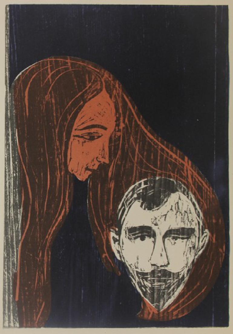 Man's Head in Womans Hair - Edvard Munch: Artist: Edvard Munch (Norwegian 1863-1944), Title: Man's Head in Womans Hair 1896', Medium: Lithograph Print, Style: Expressionsim, Edition: n/a, Size: 9 x 6 1/2 In. The Norwegian artist Edvard Munch