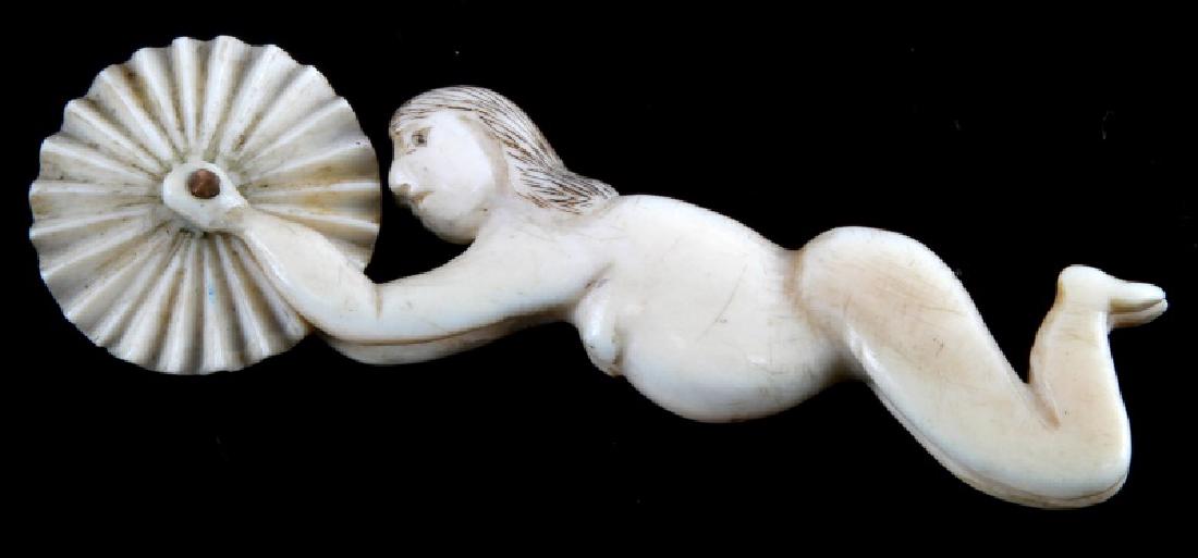 ANTIQUE 19TH CEN WHALE BONE NUDE WOMAN PIE CRIMPER: Polished bone crimper measures 75mm. Over 100 years old and is accompanied with appraisal. We will not ship international, know your state laws prior to bidding.