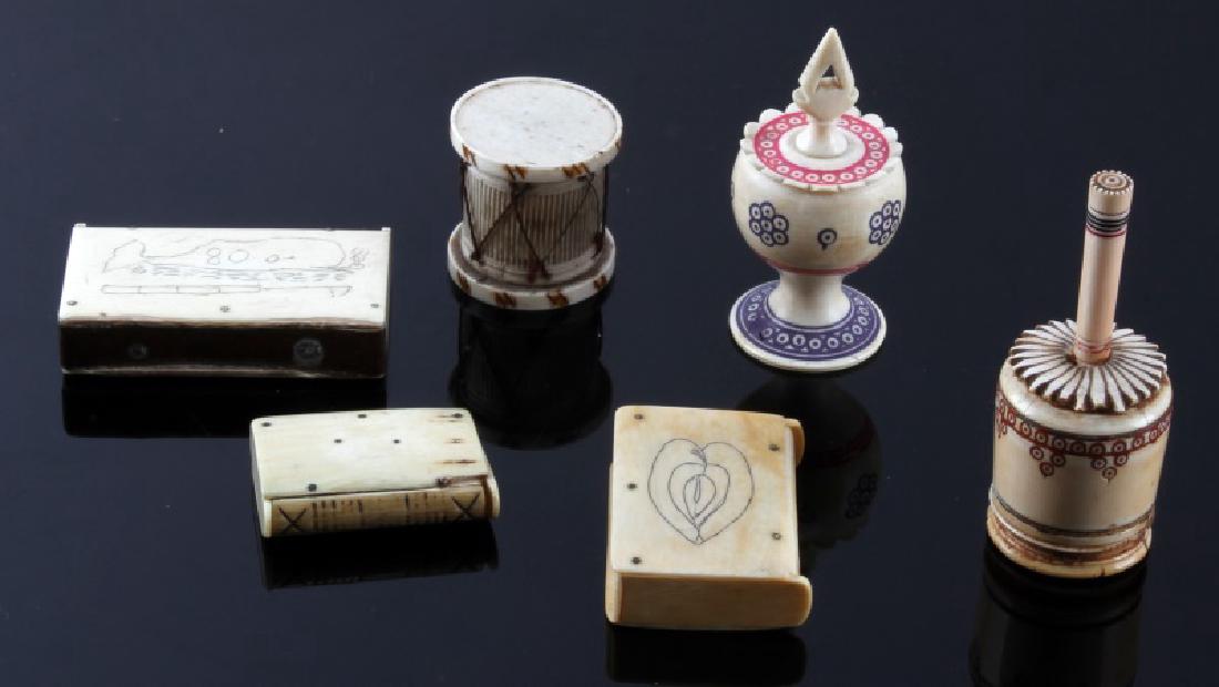 ANTIQUE 19TH CENTURY BONE PERFUME & MATCHBOX: 2 Perfumer one without its dip stick, 3 matchboxes 2 are scrimshaw, and a small container, all over 100 years old.