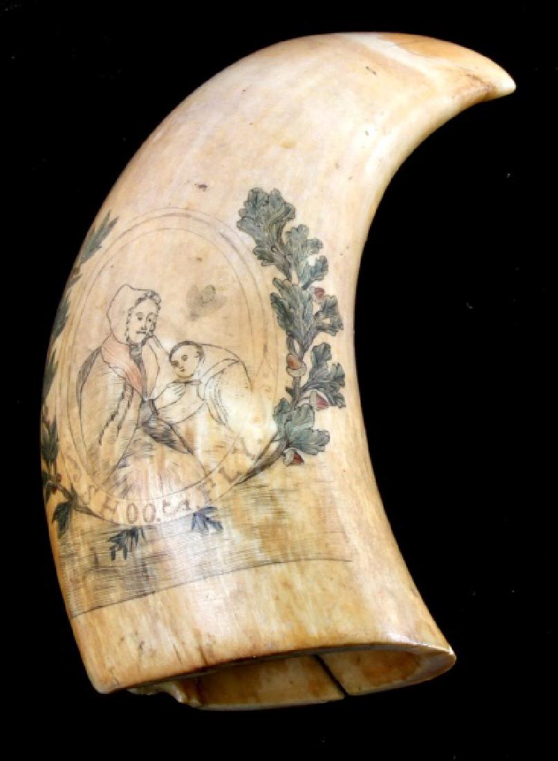 ANTIQUE 19TH CENTURY WHALE SCRIMSHAW MOTHER: Mother and child imagery "Shoo Fly" inscribed below. Measures following the curve 6 1/8 inch. Over 100 years old and comes with appraisal.