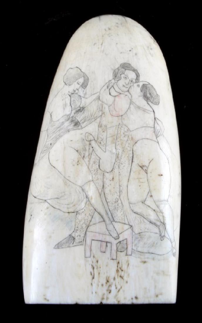 ANTIQUE 19TH CENT. WHALE SCRIMSHAW EROTICA & SHIP: Ship depicted and erotic scene, measures 6 inches. Over 100 years old and is accompanied with appraisal.