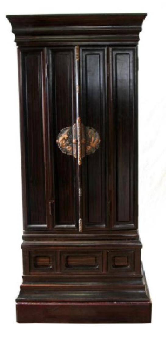 CRANE THEMED WOODEN BUDDHIST ALTER: A dark wood Buddhist altar with a distinctive crane decorative theme. The altar is in the form a a standing 3 drawer, two door cabinet on two stacked wood platform plinths. Altar and plinths together 