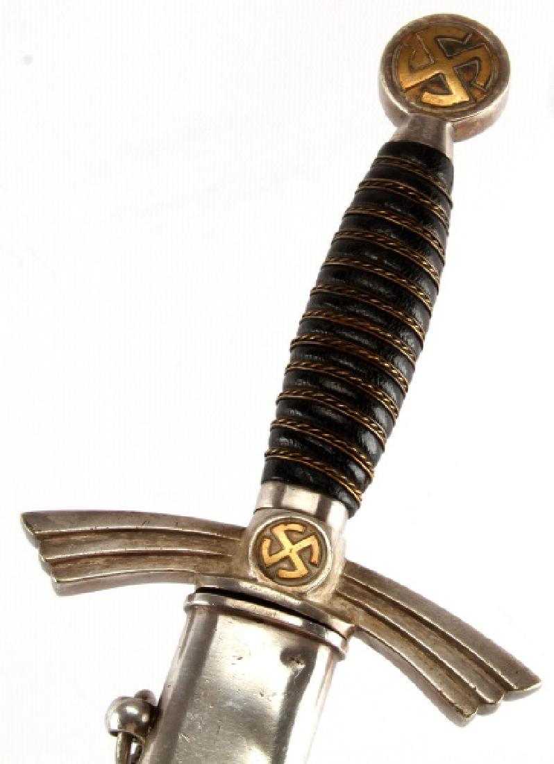 THIRD REICH GERMAN 1ST MOD LUFTWAFFE DAGGER WKC: Nazi First Model Air Force (Luftwaffe) dagger, WKC maker. 12 inch bright blade, maker marked. Leather washer intact as well as wire over leather grip. Little nicks to blade and blade edge. Scabbard in