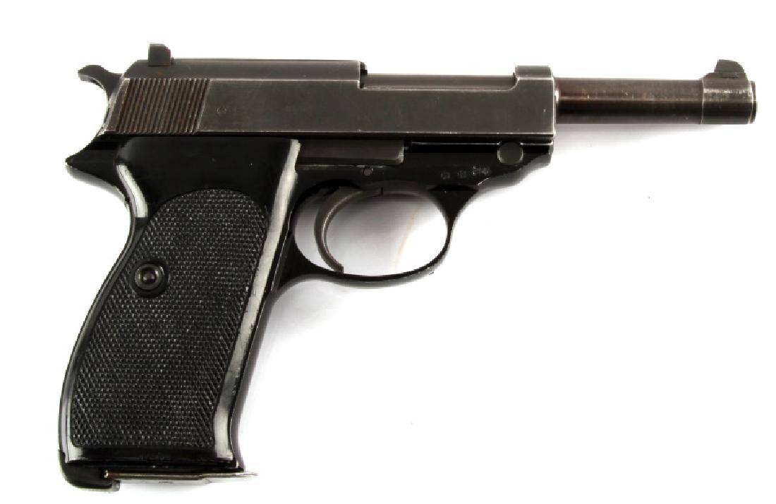 POST WAR GERMAN WALTHER P38 SEMI AUTO PISTOL 9MM: Post War German Walther P38 semi automatic pistol in 9mm. Matte steel barrel cover and slide, maker marked with last three of serial "214". Barrel measures just under 5 inches and bore is very good. C