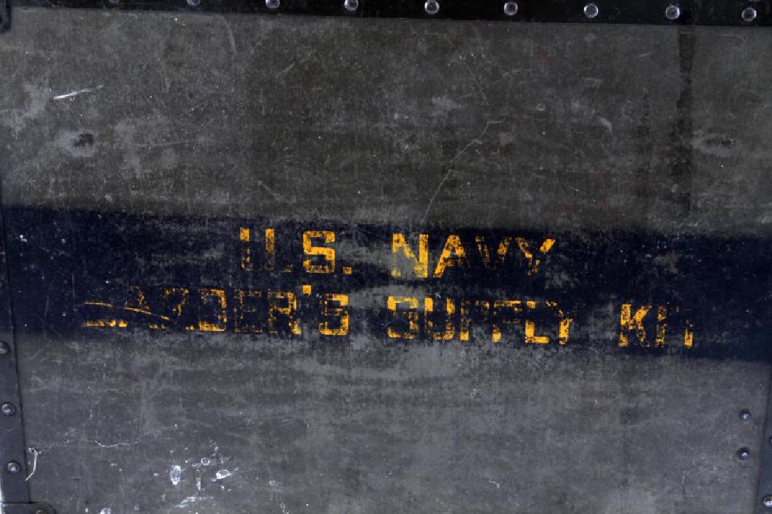 US NAVY BARBER SUPPLY BOX FULL GENERAL MILITARIA: The box has insignia, ribbon racks, toy soldiers, WWI German belt buckle, dug Spencer repeating rifle cartridge, USN stamped ward room forks, Mobile and Ohio RR plate, insignia including Green Beret, 