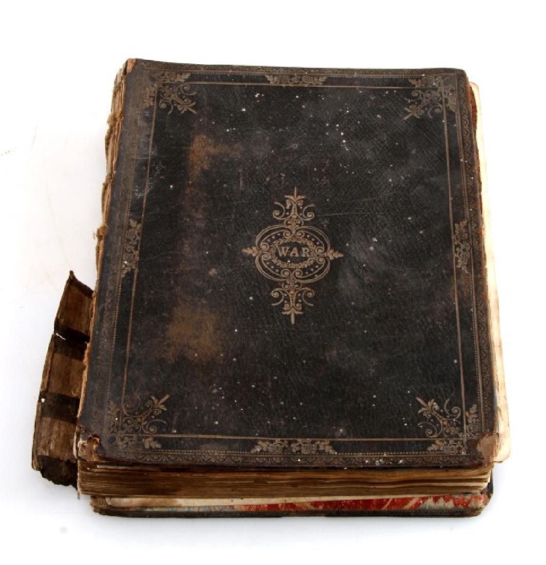 18TH CENT. HANDWRITTEN ILLUSTRATED RELIGIOUS TEXT: Eighteenth century handwritten illustrated religious-prayer text of Catholic and German origin, black leather over wood hardcover is embossed with the letters "W:A:R" on front cover in ornate design &