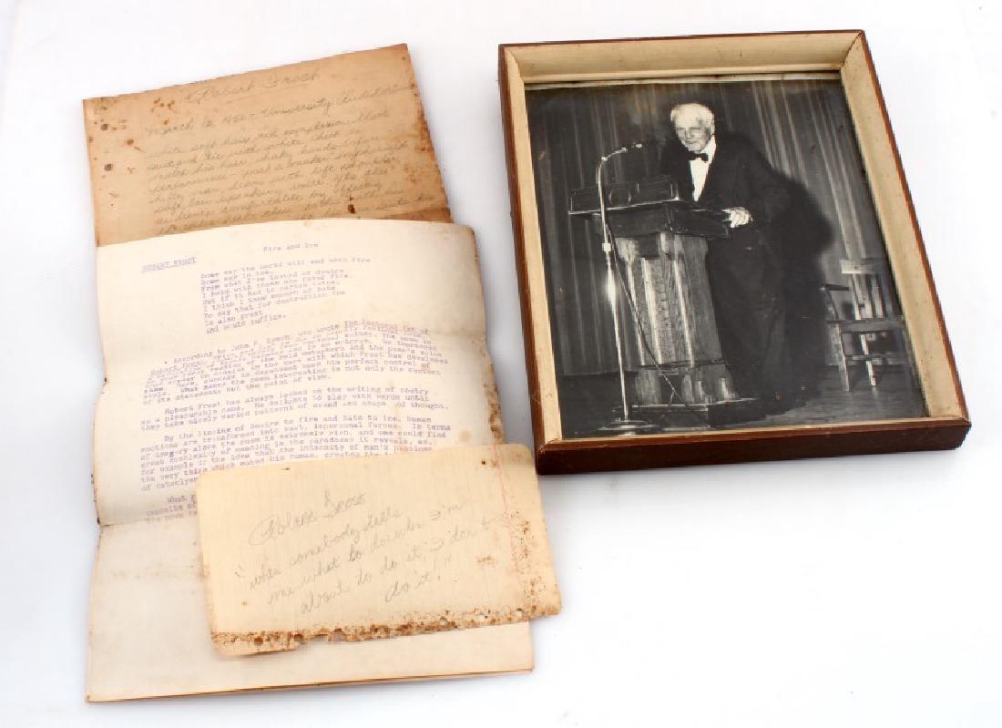 ROBERT FROST 1956 AUTOGRAPED SPEAKING NARRATIVE: An 8 by 10 inch photograph, black and white of Robert Frost, on the reverse an envelope inside two mimeographed copies of Fir and Ice and a hand written descriptive narrative of his speech "March 12 1