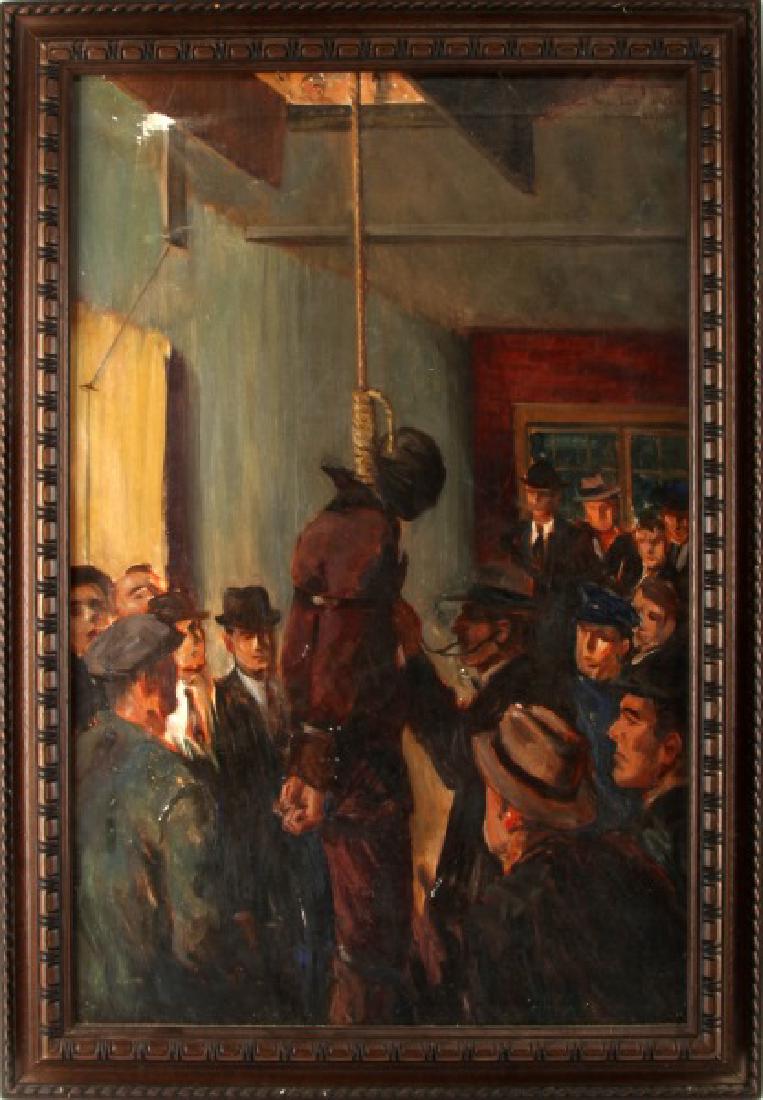 OIL ON CANVAS PUBLIC HANGING JACKSON MO. 1933: Stunning graphic public hanging upper right corner reads "Cayton Missouri Jail 6:15 A.M. January 20, 1933. Data search finds James Keller, White, hanged for Murder, Robbery, Rape on that day. Some pai