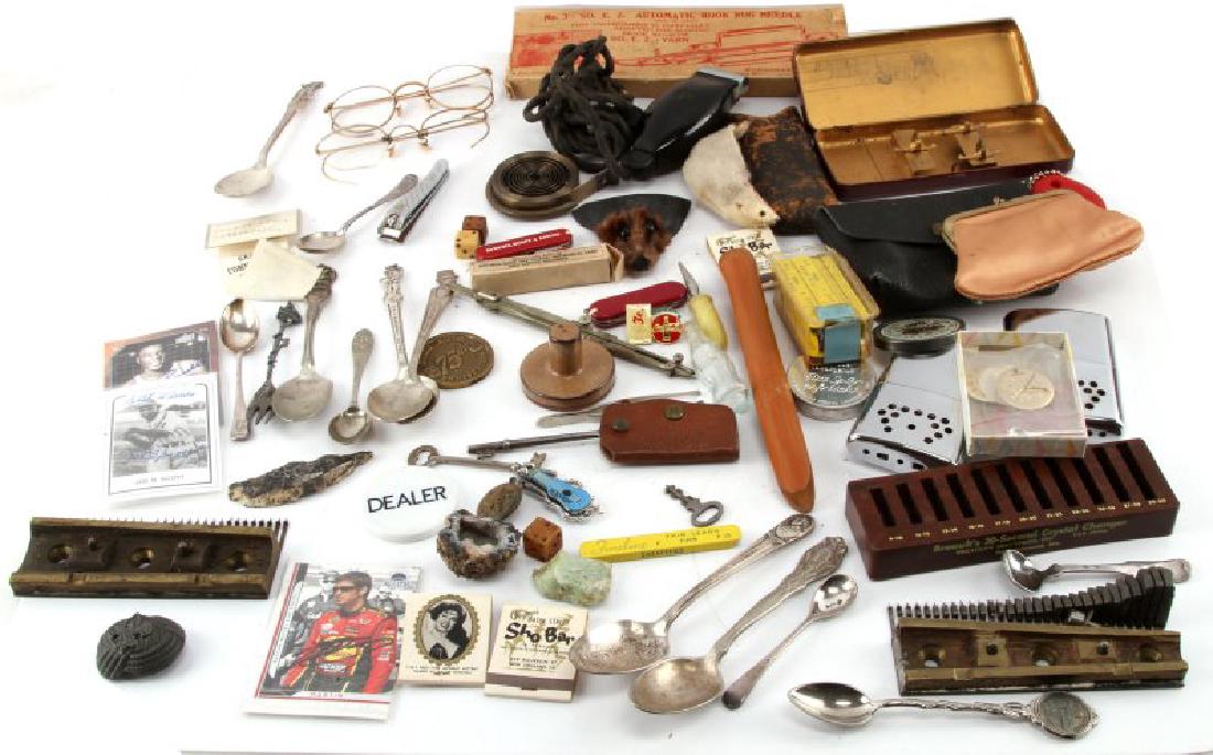 LOT OF MIXED COLLECTABLES KNIVES SILVER TIMEPIECES: Lot of mixed colletables and artifacts. Includes but is not limited to Swiss Army Knives, vintage signed baseball and basketball cards, silver spoons, glasses, combs, letter openers, matches, timepiec