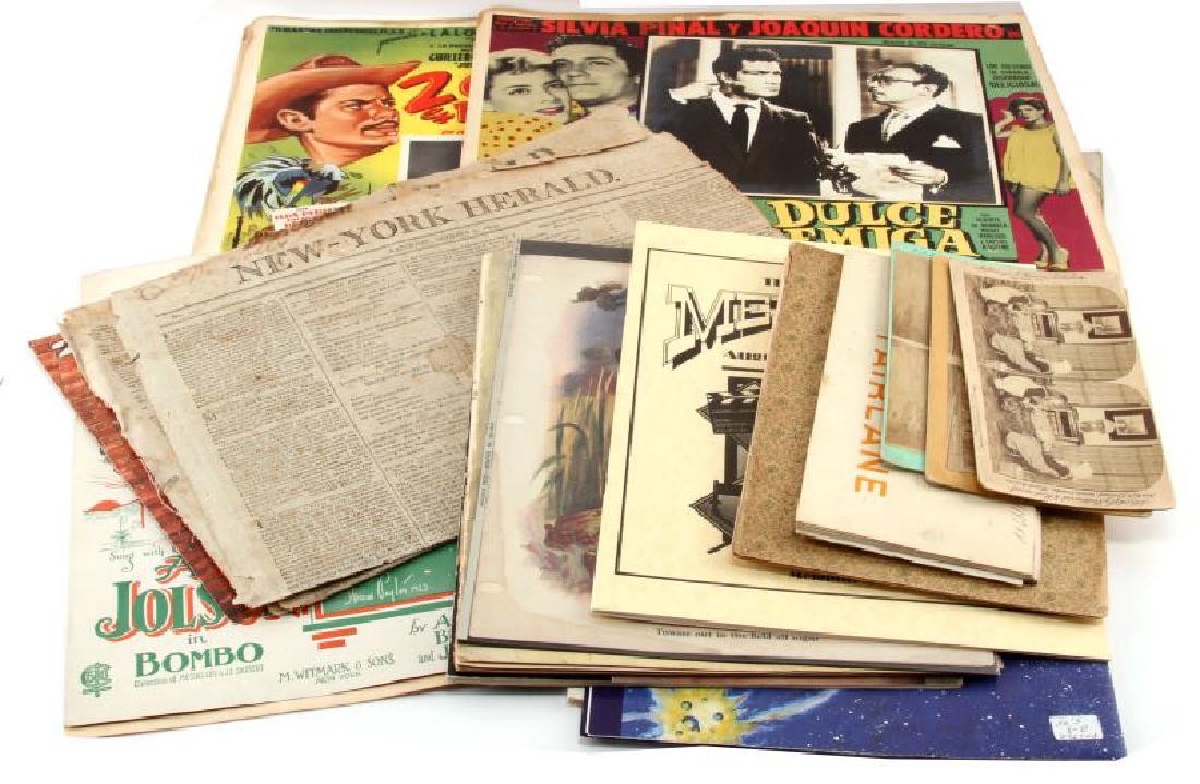 VINTAGE AND ANTIQUE PAPER LOT LOBBY CARDS MAGAZINE: Mixed paper lot includes: 1967 Fairlane manual, 3 stereoviews, Antique Bottle & Glass Collector magazines, Marvel poster, California Here I Come song book, few Spanish movie lobby cards, and more. Goo