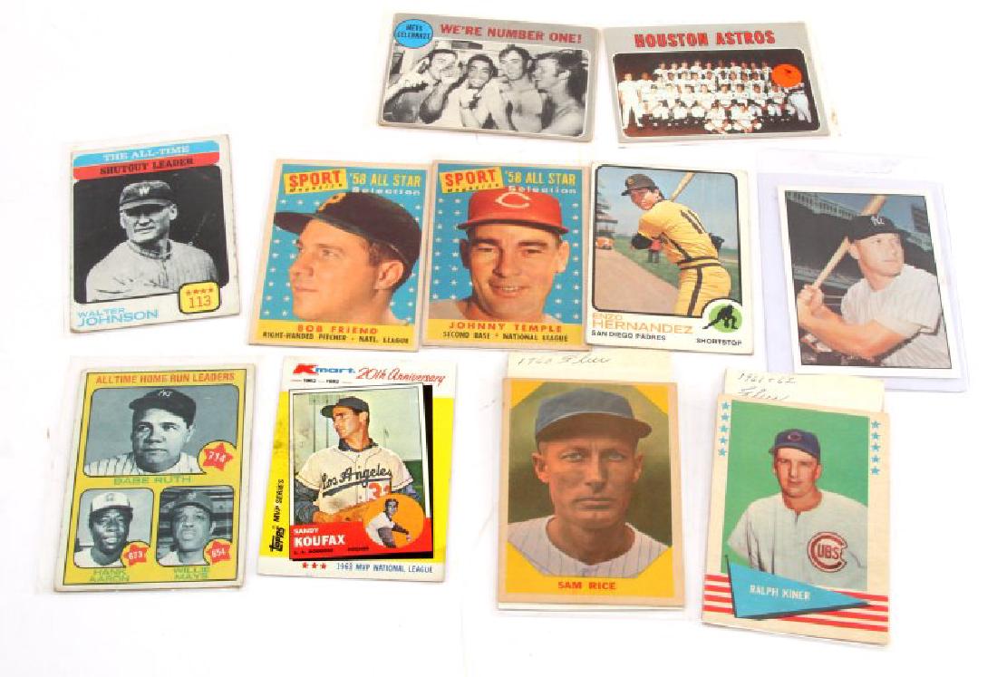 1960-82 TOPPS FLEER VINTAGE BASEBALL CARD LOT: Lot of Topps, Fleer, and other baseball cards lot. Includes 1961 Fleer Ralph Kiner, 1960 Fleer Sam Rice, 1982 Topps 20th Anniversery Sandy Koufax, 1973 Topps All-Time Home Run Leaders, 1973 Topps Shut