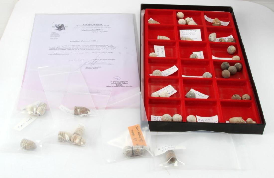 40 PLUS ANTIQUE EUROPEAN & CIVIL WAR MUSKET BALLS: Lot of over 40 musket balls from various European and US battles. Includes musket balls from Quatre Bras, the Batlle of Ligny, Harpers Ferry, Fair Oaks, Vicksburg, Manassas, Ringgold, Appomattox,Confe