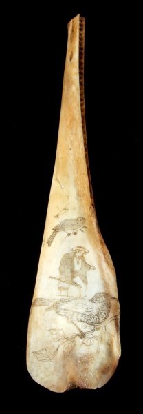 ANTIQUE FISH JAW BONE SCRIMSHAW SAILOR & HARPOON: Jaw appears to be a Pike, sailor and birds, measures 13 inches.