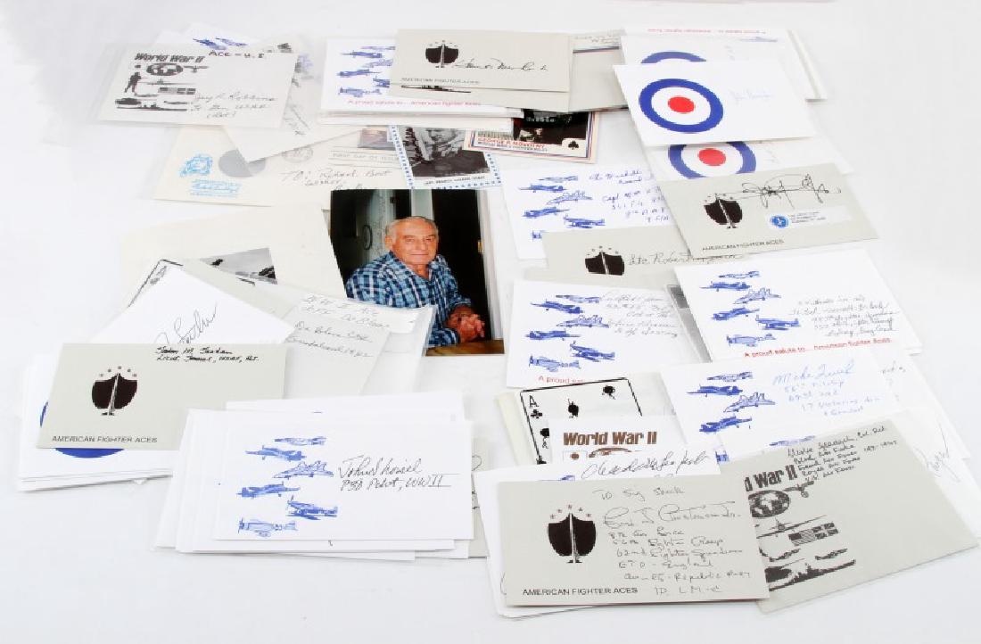 WWII AMERICAN FIGHTER PILOT ACES AUTOGRAPHS ASSORT: Assortment of autographs from WWII fighters and pilots, American Fighter Aces, two autographed "trading cards". Plus, First Day of Issue "50th Anniversary Solo Transatlantic Flight" stamp (May 20, 197