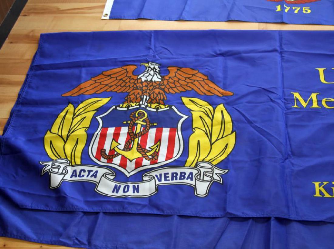 BULLION THREAD BANNER & 2 FLAGS MERCHANT MARINE AC: USMMA Merchant Marine Academy flags and or banner or table cover. The table cover has heavy bullion thread and is 86 by 86 inches. The 2 flags are as shown and measure 73 by 73 and 35 by 60. All are e