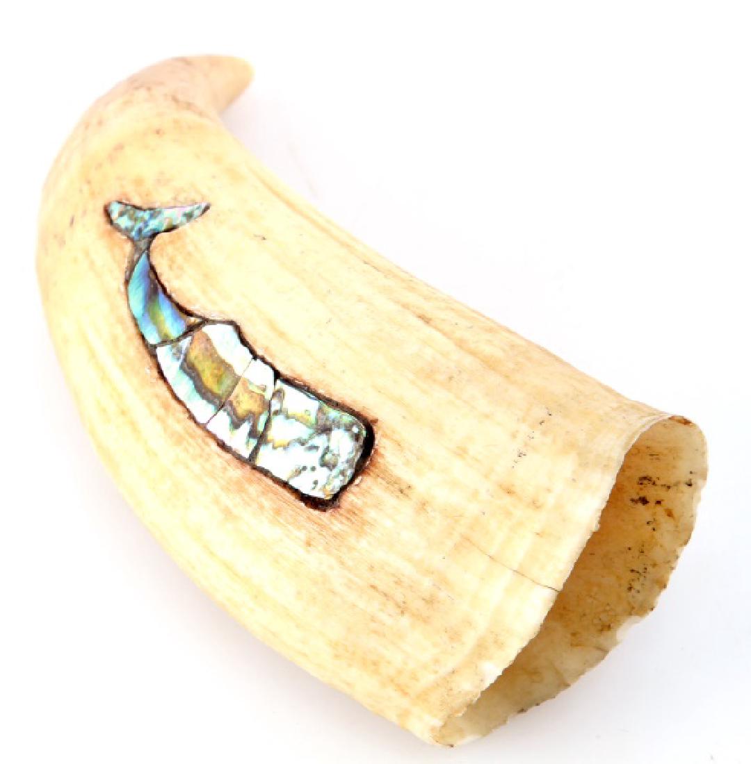 ANTIQUE 19TH CENTURY WHALE TOOTH SCRIMSHAW INLAY: Mother of Pearl inlay on 6 inch tooth. Over 100 years old and is accompanied with appraisal. We cannot ship internationally. Please know your state laws prior to bidding.