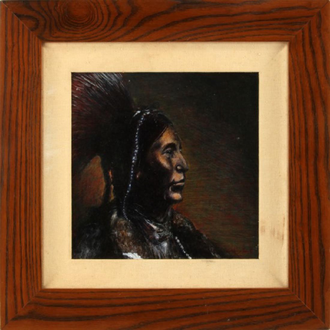TWO HATCHETS KIOWA COMANCHE PAINTING G SMITH: Painted canvas (12"x12", approx 21"x21" with heavy wood frame) of the infamous "Two Hatches" Comanche Warrior painting. This particular one is hand signed in pencil by Gregory Smith on the back. Frame