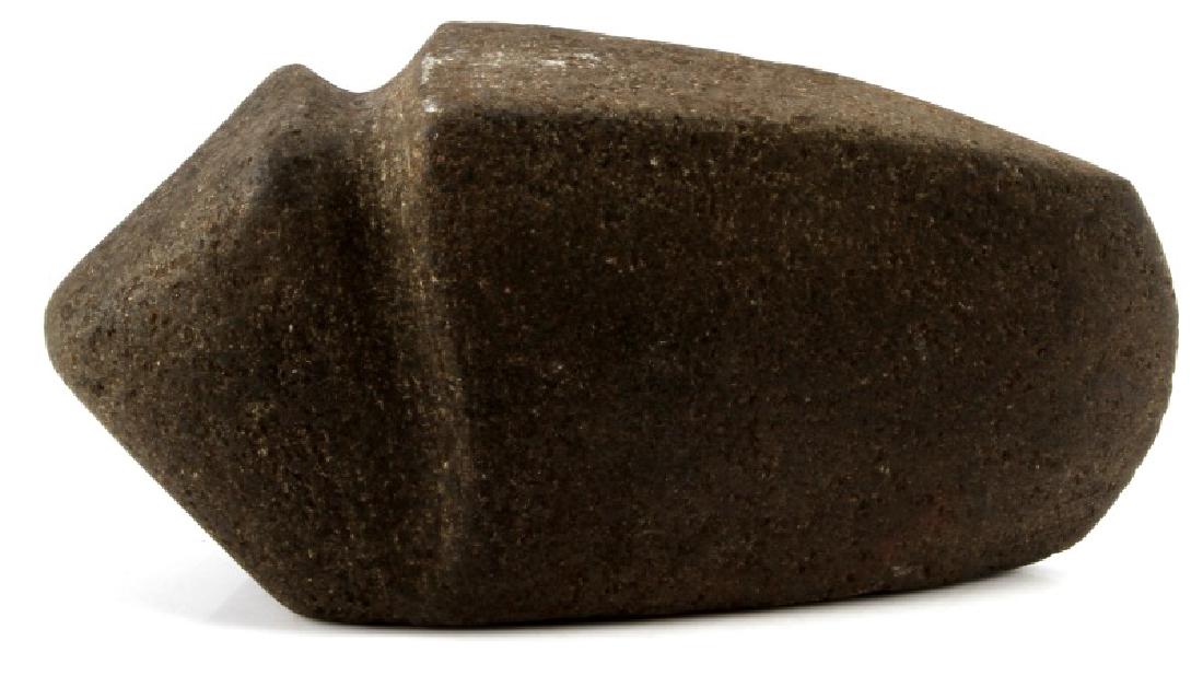 ANTIQUE 3/4 GROOVED STONE AXE HEAD ARTIFACT: Antique "3/4 grooved axe" (grooved on 3 of 4 sides) measures 11"x2 1/2" with a 1" groove. This stone/granite axe has well-defined point and edges. A few small scrape marks on top and bottom. Very nice
