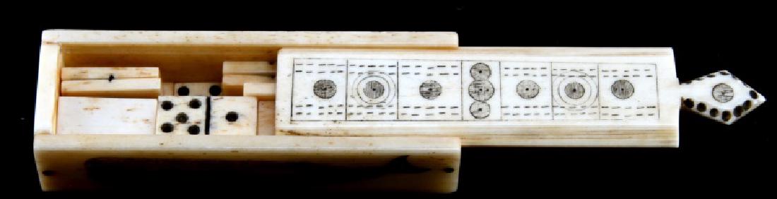 ANTIQUE BONE SCRIMSHAW DOMINO BOX & DOMINOS: With small dominos inside. Nice detail on scrimshaw, small box is 70 mm.