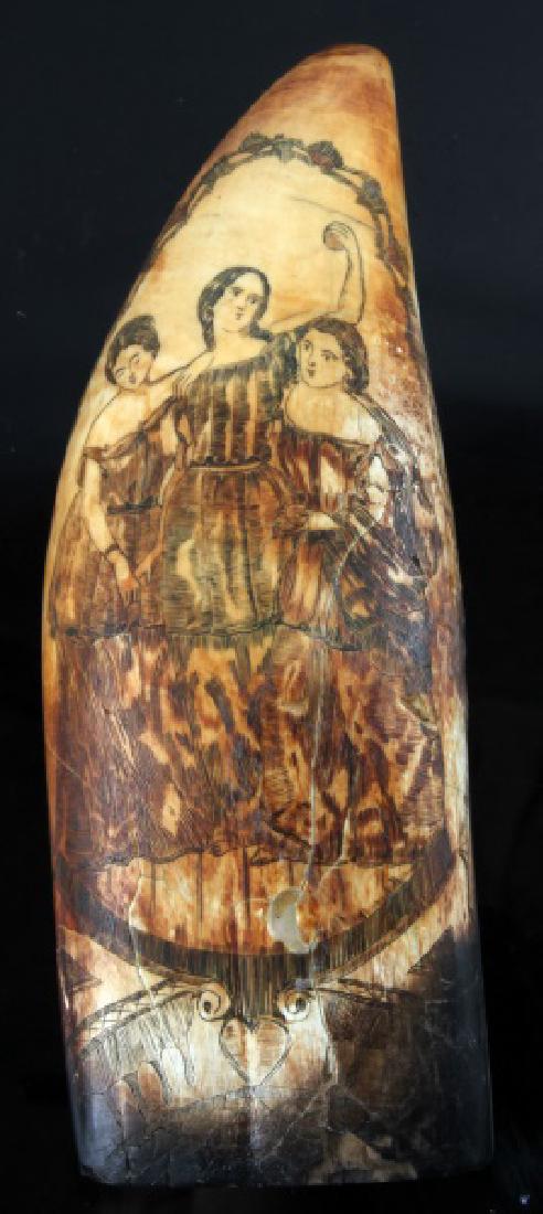 ANTIQUE 19TH CENTURY WHALE TOOTH SCRIMSHAW: Large tooth, 8 inches along the curve, 3 Victorian ladies, old repair. Over 100 years old and is accompanied with an appraisal. We cannot ship international, please know your state laws prior to biddi