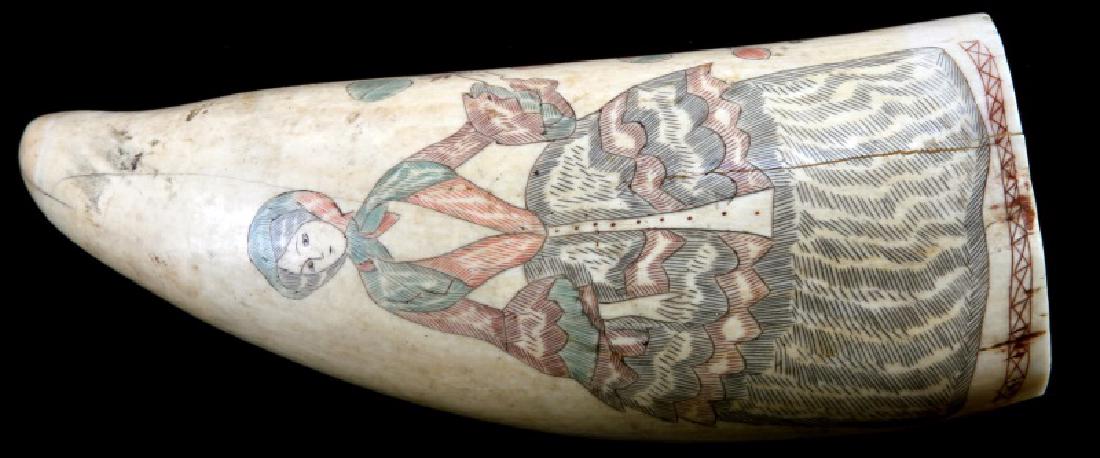 ANTIQUE 19TH CENTURY WHALE TOOTH SCRIMSHAW: Victorian ladies one has crack through the image post work. Measures 6 1/2 inches. Over 100 years old and is accompanied with a appraisal. We cannot ship international, please know your state laws pri