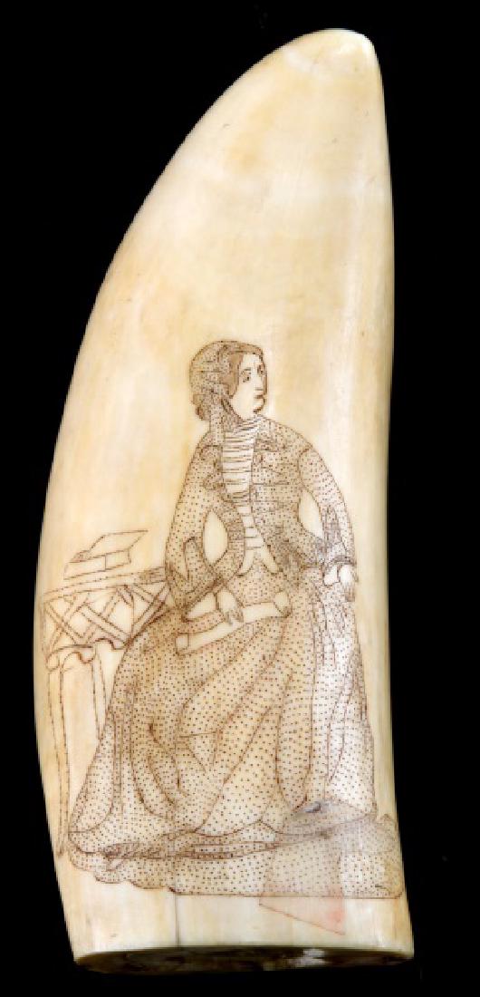 ANTIQUE 19TH CENTURY WHALE TOOTH SCRIMSHAW: Victorian lady, faint robed possible Roman, base has heart carved into it. Measures 6 1/2 inches. Over 100 years old and is accompanied with appraisal. We cannot ship international, please know your s