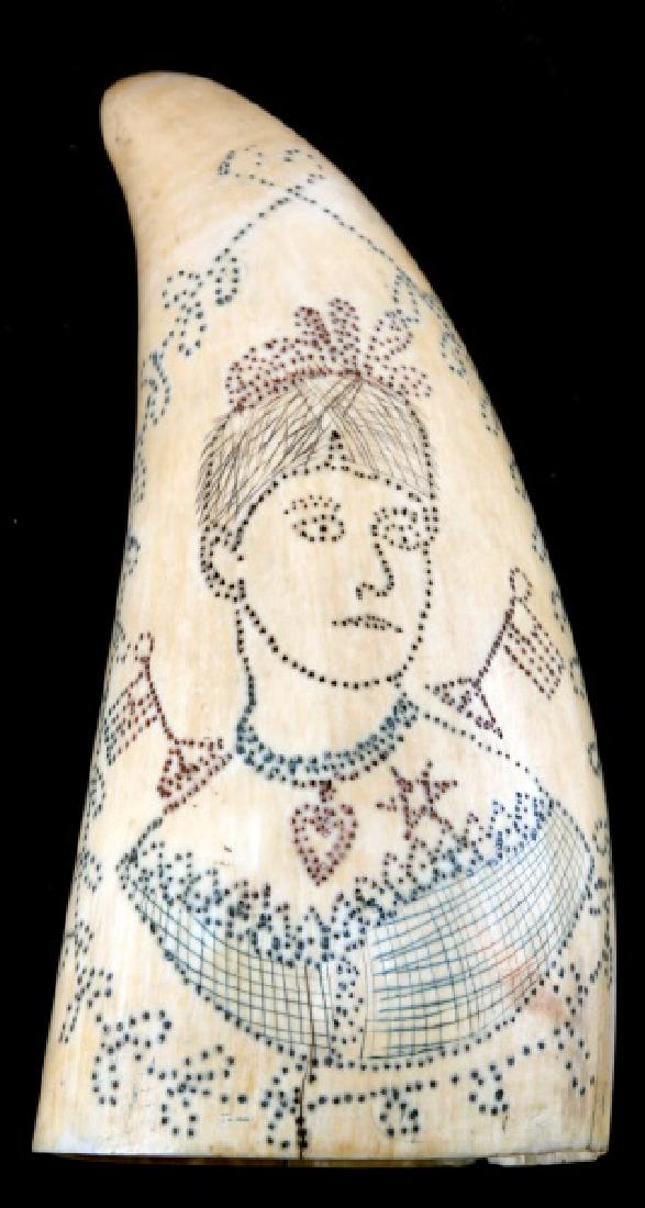 ANTIQUE 19TH CENTURY WHALE TOOTH SCRIMSHAW: Victorian Lady with 2 American flags behind her, age crack reverse otherwise very good. Measures 6 inches. Over 100 years old and comes with appraisal. We cannot ship international, please know your s