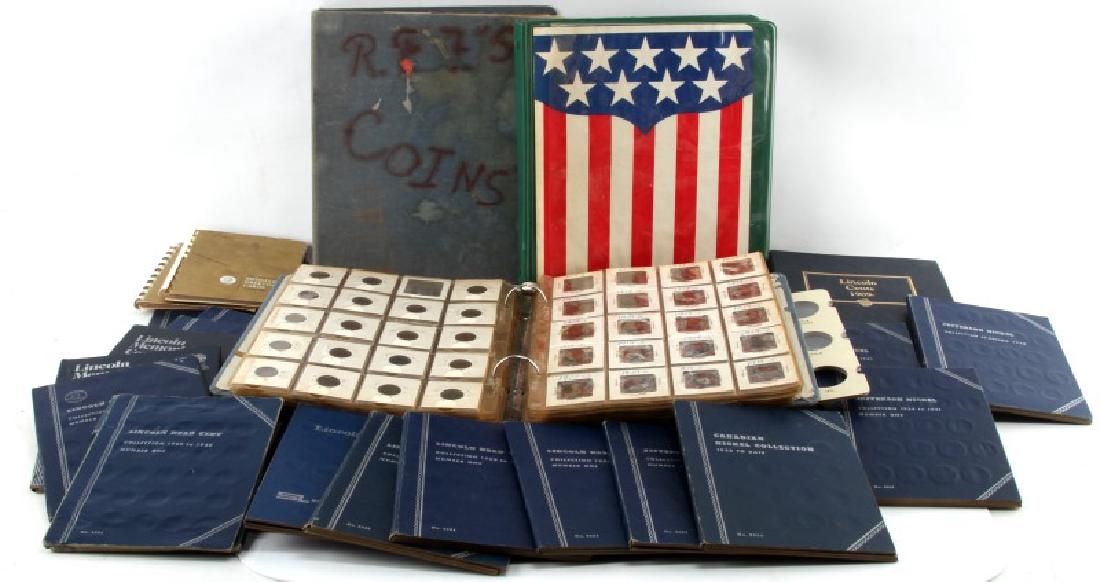 LARGE COIN COLLECTION VARIED SOME FULL BOOKS: Includes 1968 and 1969 year sets of Franklin Mint Medallic greeting cards, 1971 silver IKE dollar, full set 1938 D to 1960 D all dates and mints F/VF, Jefferson nickel short set no key dates but 10 Si