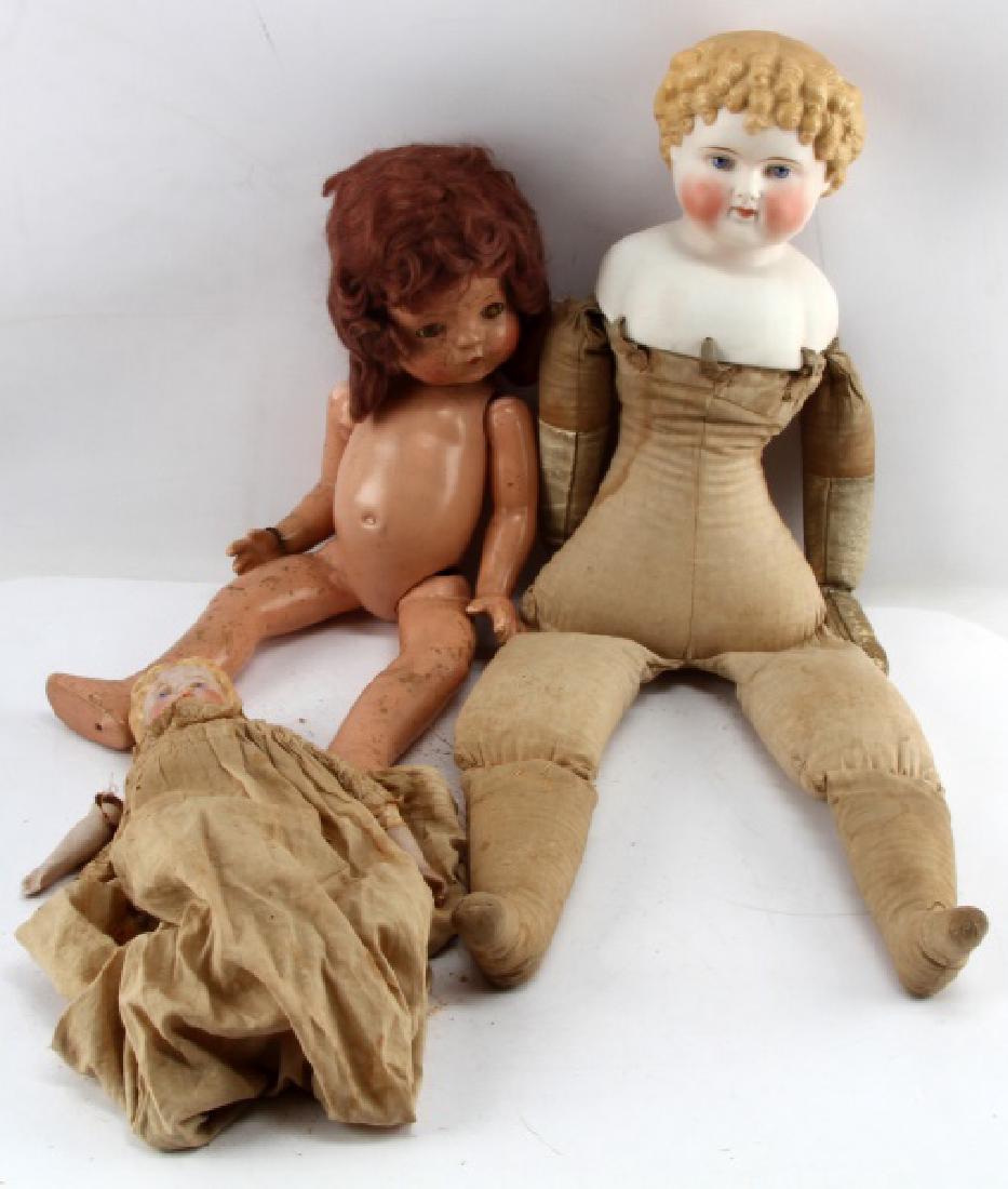 LOT ANTIQUE DOLL EFFANBEE PATSY JOAN GERMAN BISQUE: LOT OF 3: 1) 16" Effanbee Composition "Patsy Joan" doll - Some hair loss, small crack near base of head, some dirt/wear. Eyes open & close, but one is damaged. Should be able to be easily cleaned. Ver