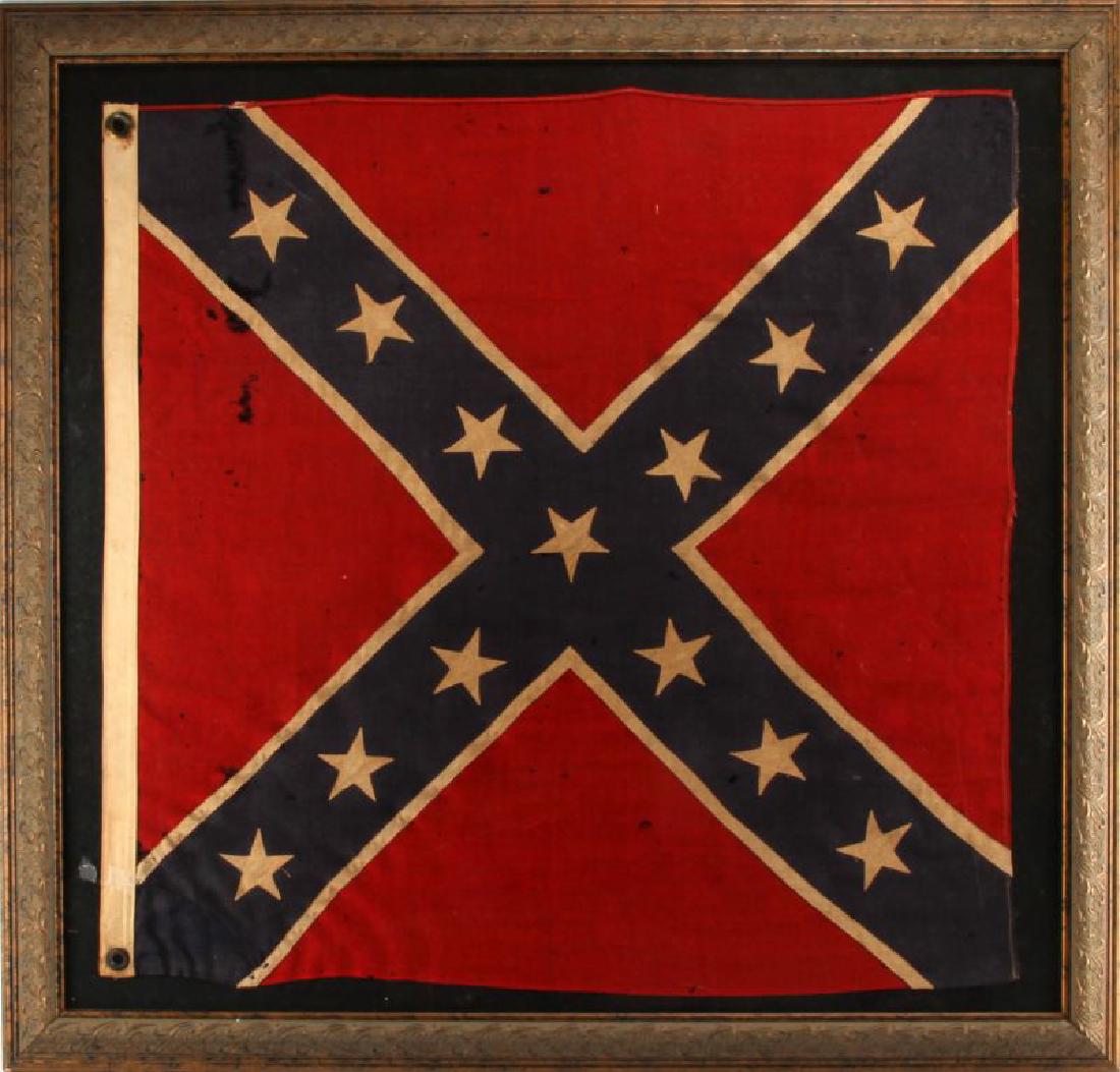 13 STAR ANTIQUE REBEL CONFEDERATE REUNION FLAG: Measures 32" by 32" and framed to 38" x 48". In good condition with wear consistent with age. Please acquire third party estimate prior to bidding.