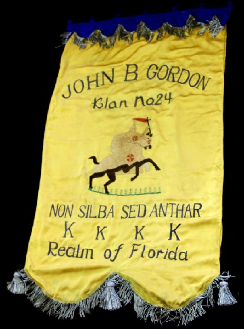 1920'S KKK BANNER JOHN B. GORDON FLORIDA KLAN RARE: Very rare 1920's large KKK silk embroider banner with yellow backdrop which reads " John B. Gordon Klan No.24" above embroidered image of a robed white knight on horse with a flaming cross, below it r