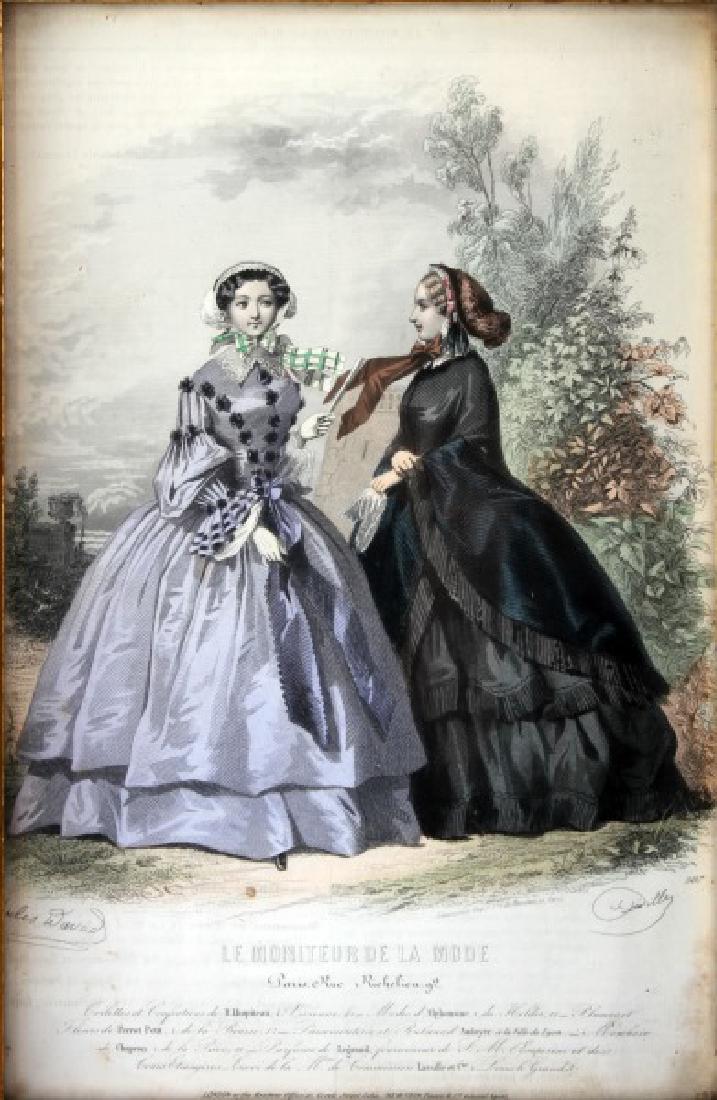 19TH C LE MONITEUR DE LA MODE LITHO COLOR PRINTS: Framed pair of hand colored fashion prints from the issues of Le Moniteur De La Mode, the celebrated Parisian women's fashion publication of the Victorian era. Signed by the artist Jules David, the en