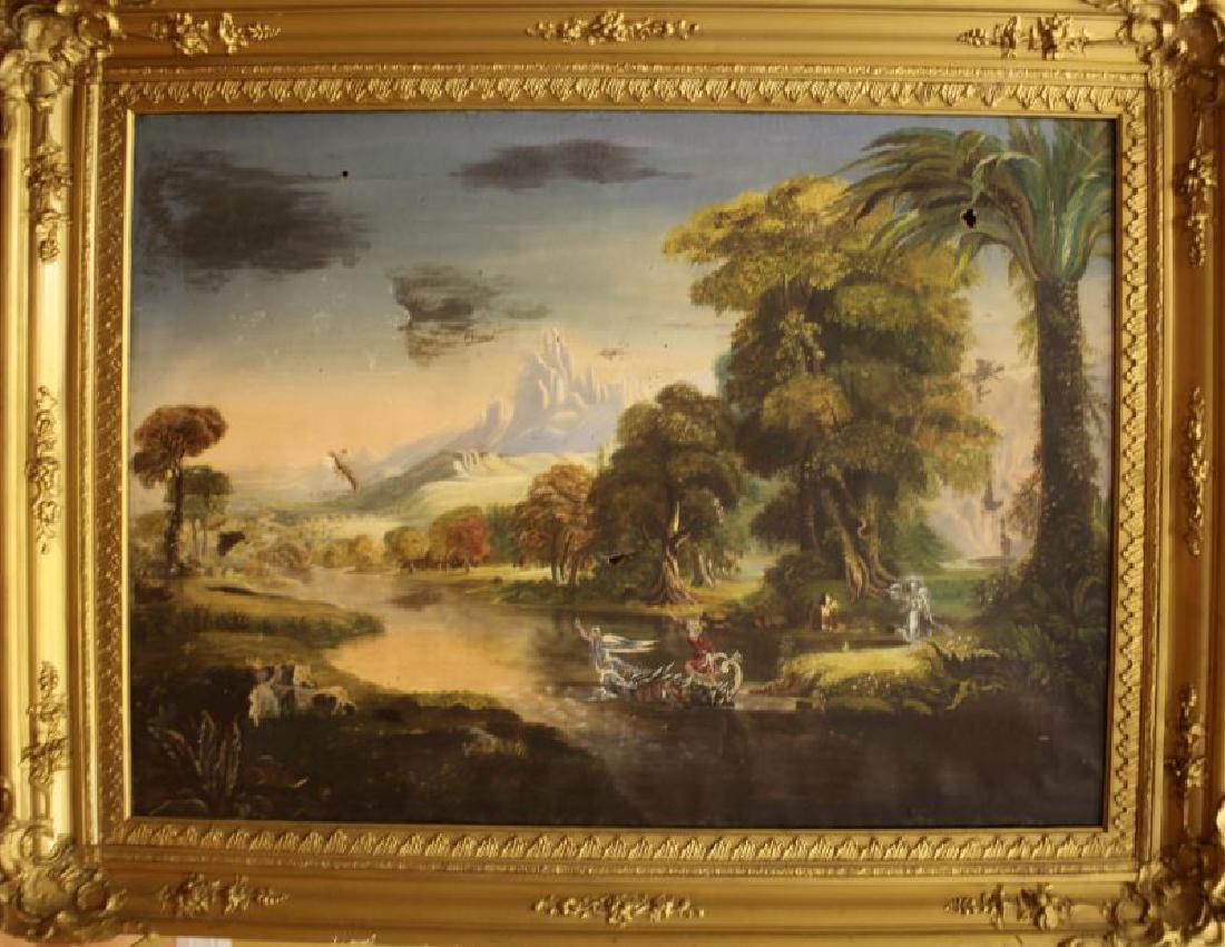 VICTORIAN FAIRYTALE PAINTING STYLE OF JOHN SIMMON: Painting has antique wear, making it an excellent piece for those with taste in primitive decor. Painting depicts a young woman on a boat made of angels, steering the vessel on a placid lake. The ange