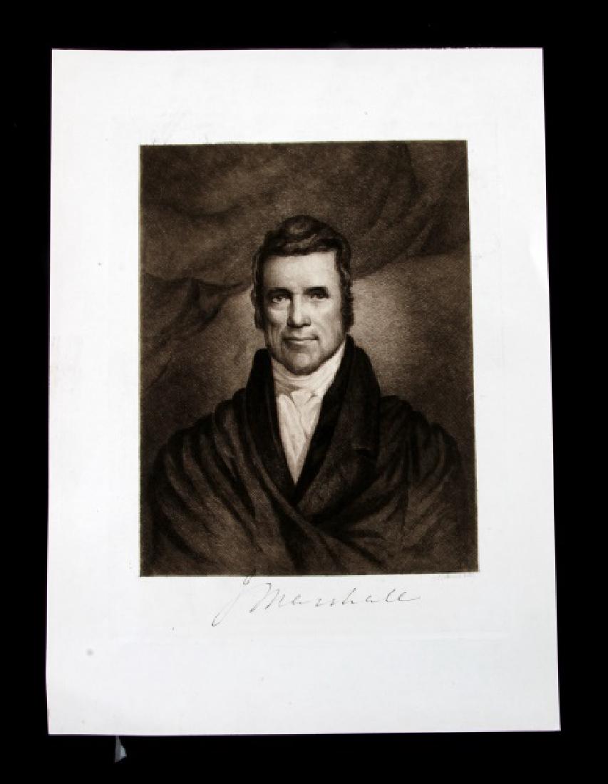 ALBERT ROSENTHAL ETCHING SCJ JOHN MARSHALL: Albert Rosenthal (American, 1863-1939) etching of Supreme Court Justice John Marshall with facsimile signature. Albert Rosenthal signed backwards. Measures approximately 7.5"x 10.5" In very good condi