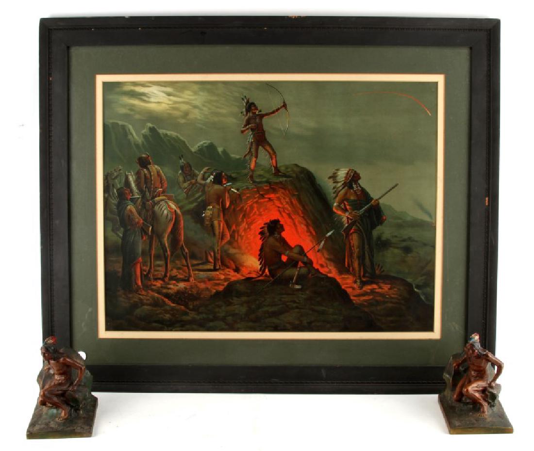 NATIVE AMERICAN FLAMING ARROW PRINT W BOOK ENDS: Print depicts Native Americans looking off into the distance as one shoots a flaming arrow. Measures about 21 1/2" by 18", framed to 33 3/4" by 27 1/2". Metal bookends measure approximately 6 3/4" tal
