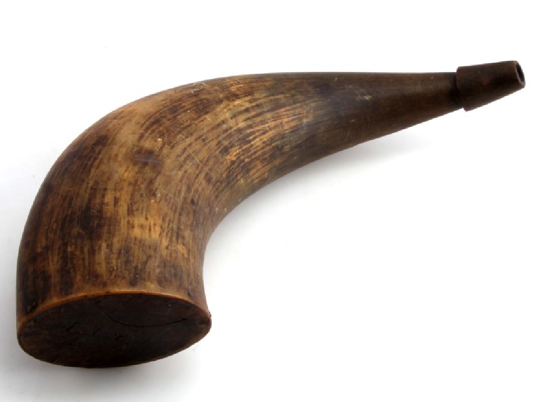 ANTIQUE LARGE 13 1/2" POWDER HORN W WOODEN SPOUT: Large antique powder horn flask with wooden spout. Some cracking to body, some engravings/markings on base. Appears to have a bead agitator or something else rolling around inside. Measures approx. 13