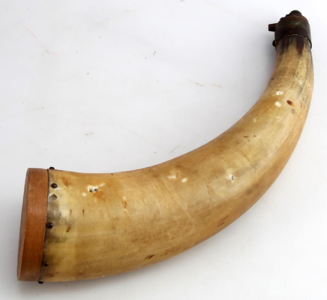 ANTIQUE LARGE 13" POWDER HORN EARLY AMERICAN: Large antique powder horn flask with brass spout. Nice condition boday and base. Measures approx. 13" from end to end.