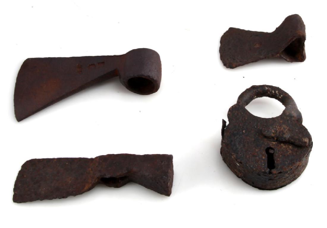 LOT OF 4 - ANTIQUE IRON AXE HEADS AND PADLOCK: Lot of 4 - Three antique iron axe heads: 1) 6 3/4" head - inscribed with "JRP"; very nice condition, 2) 6 1/2" head - with silver sharpie writing "Found at Daniel Boone's cave, Camp Nelson, KY" (unaut